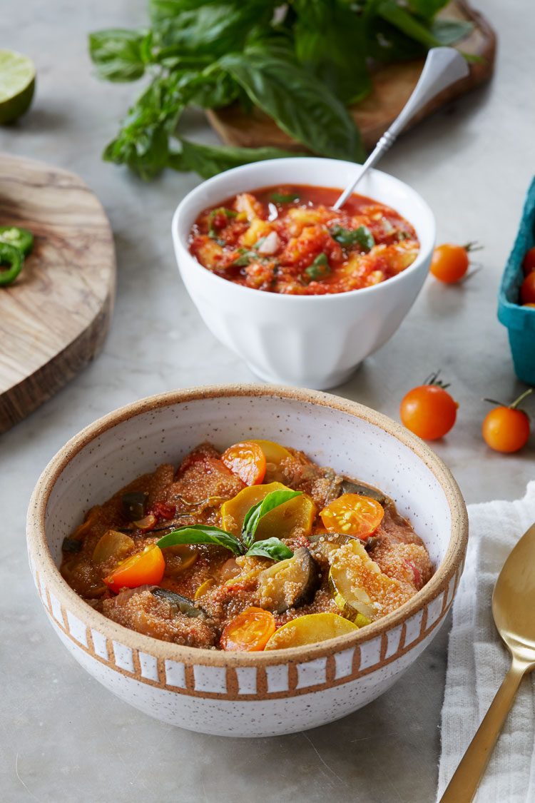 Aubergine Amaranth Stew & Spicy Peach Basil Salsa – Clean Living Guide
